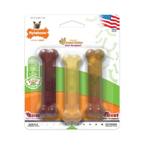 Nylabone Hueso De Pollo Masticable Flexi Chew Triple Pack (Res, Mantequilla De Mani Y Tocino) Xs, , large image number null