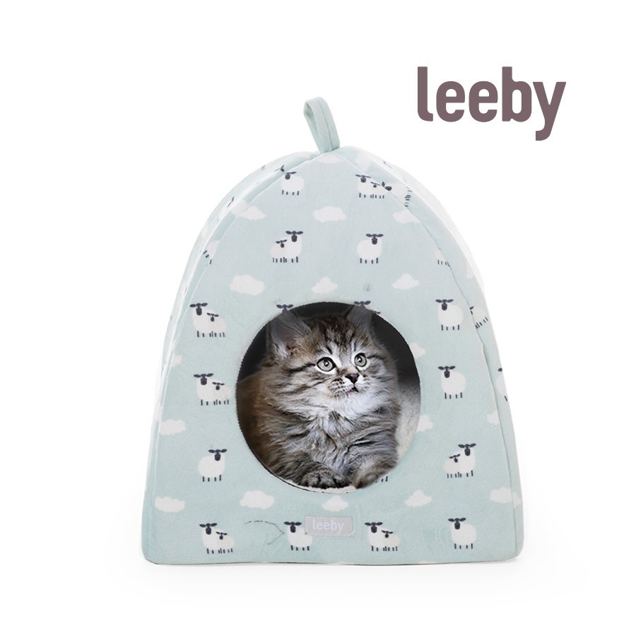 Leeby Iglú Con Cojín Desenfundable Blanco con Ovejitas para gatitos
