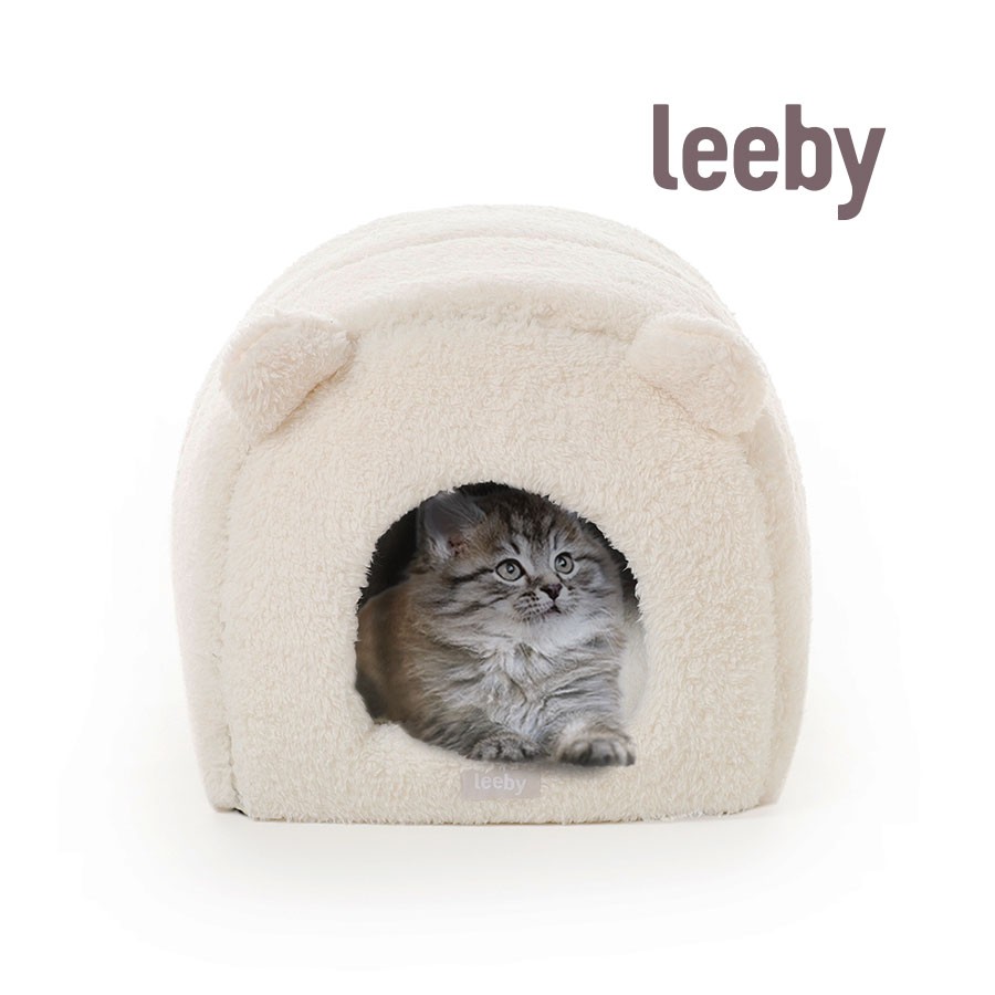 Leeby Iglú Con Cojín Desenfundable de Borreguito Blanco para gatitos